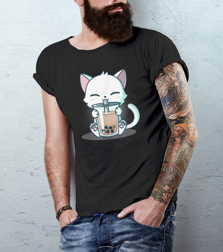 Kawaii Boba Cat Happy Kitten Drinking Bubble Tea Mood T-Shirt