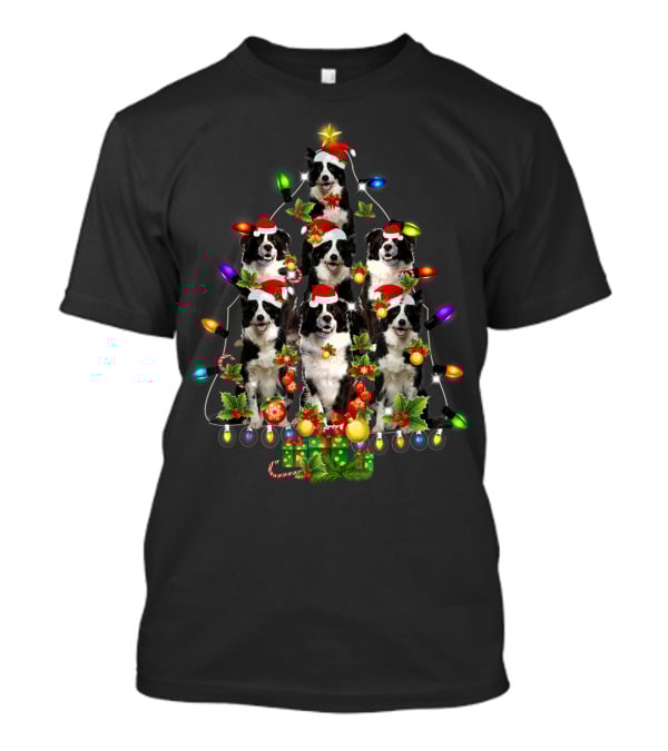 Border Collie Christmas Lights Festive Santa Hat Tree T-Shirt