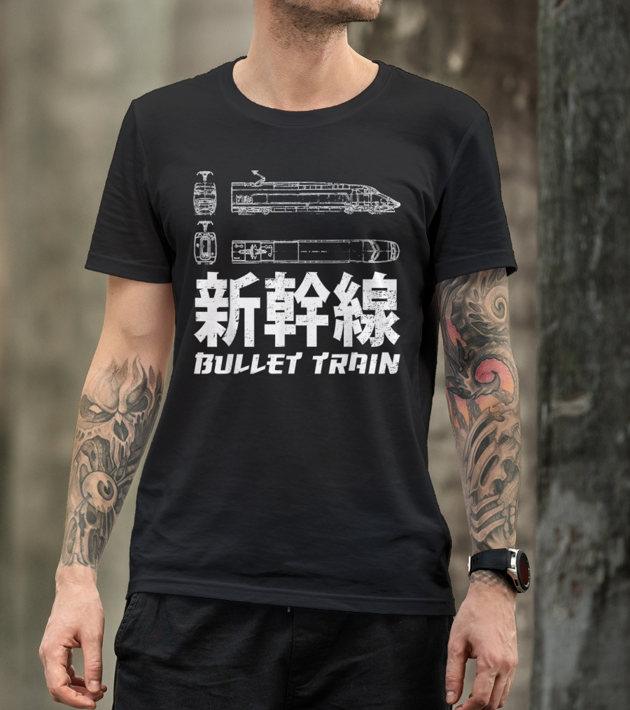 Shinkansen Bullet Train Blueprint Japanese Text T-Shirt
