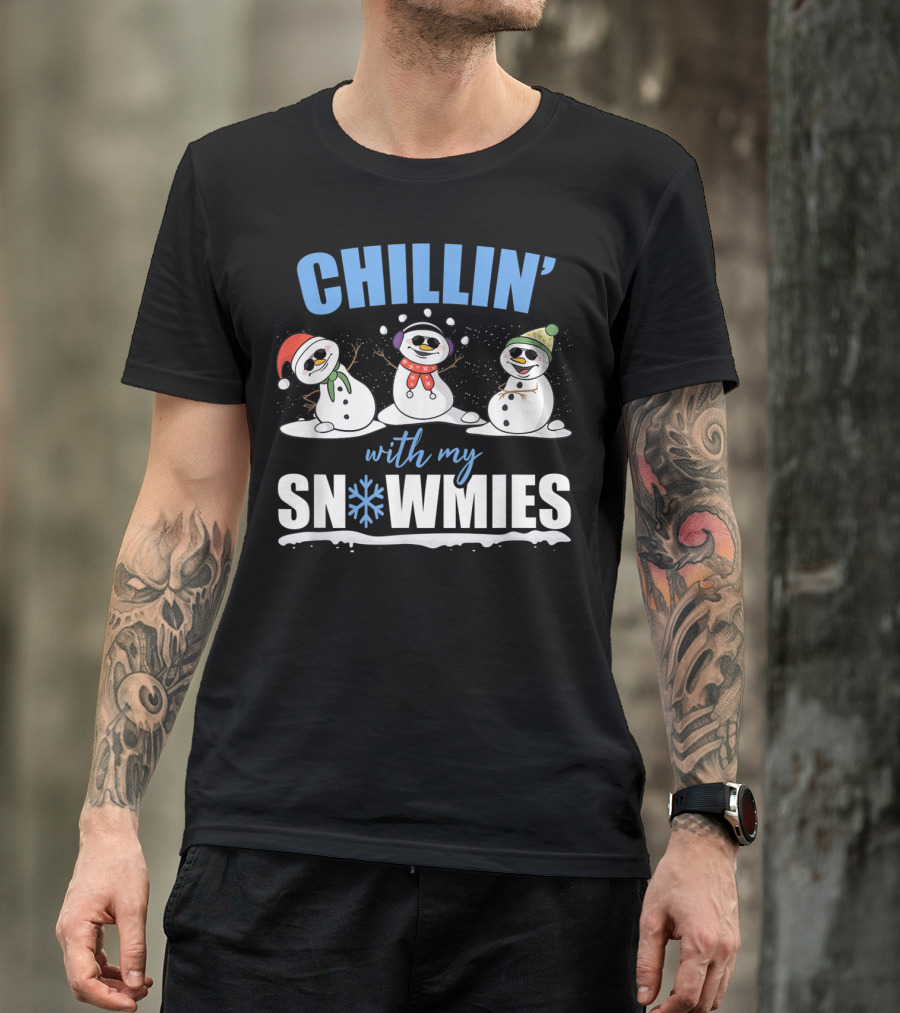 Chillin' With My Snowmies Christmas Snowman Trio In Santa Hats And Scarves T-Shirt