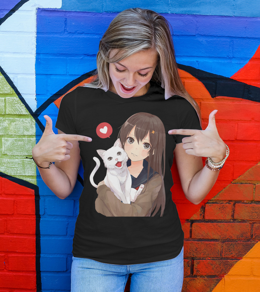 Cute Anime Girl With Adorable White Kitty Cat And Heart T-Shirt