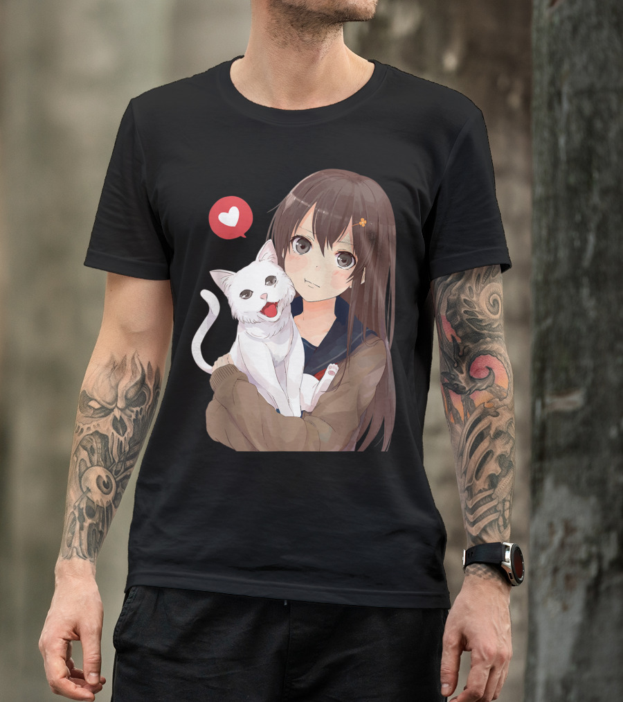 Cute Anime Girl With Adorable White Kitty Cat And Heart T-Shirt