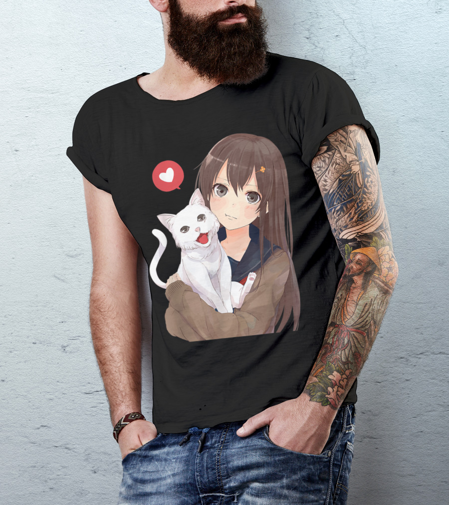 Cute Anime Girl With Adorable White Kitty Cat And Heart T-Shirt
