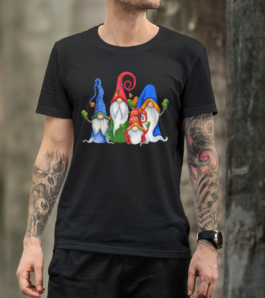 Cute Four 4 Nordic Gnomes Christmas Elves With Colorful Hats And Beards T-Shirt
