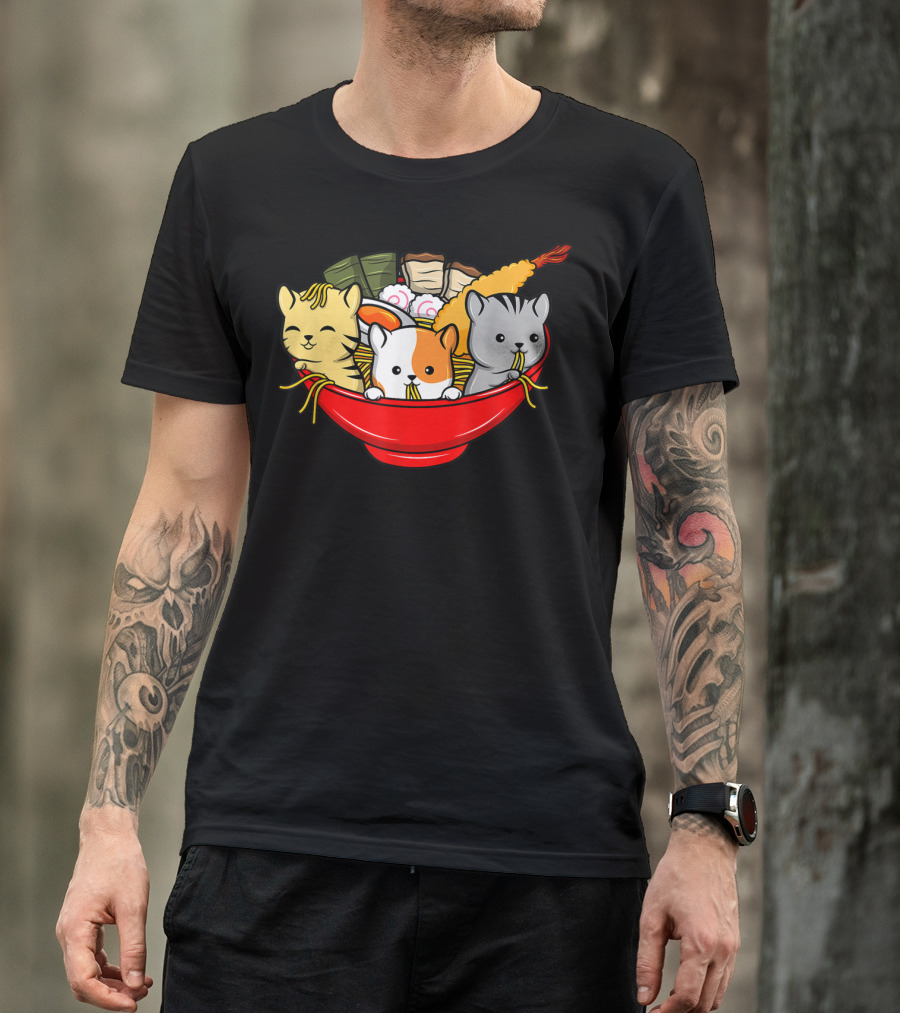 Kawaii Cat Trio In Ramen Bowl With Japanese Anime Style Meal T-Shirt