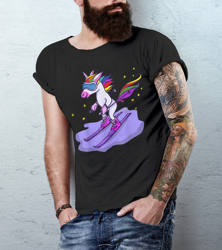 Cute Unicorn Skiing In Rainbow T-Shirt