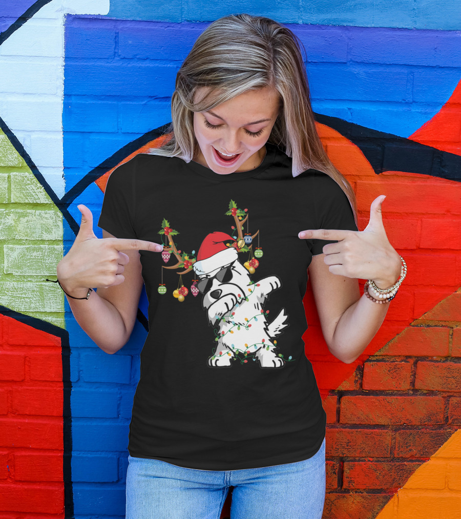 Dabbing Westie Dog Christmas Lights Santa Hat Reindeer Antlers Ornaments T-Shirt