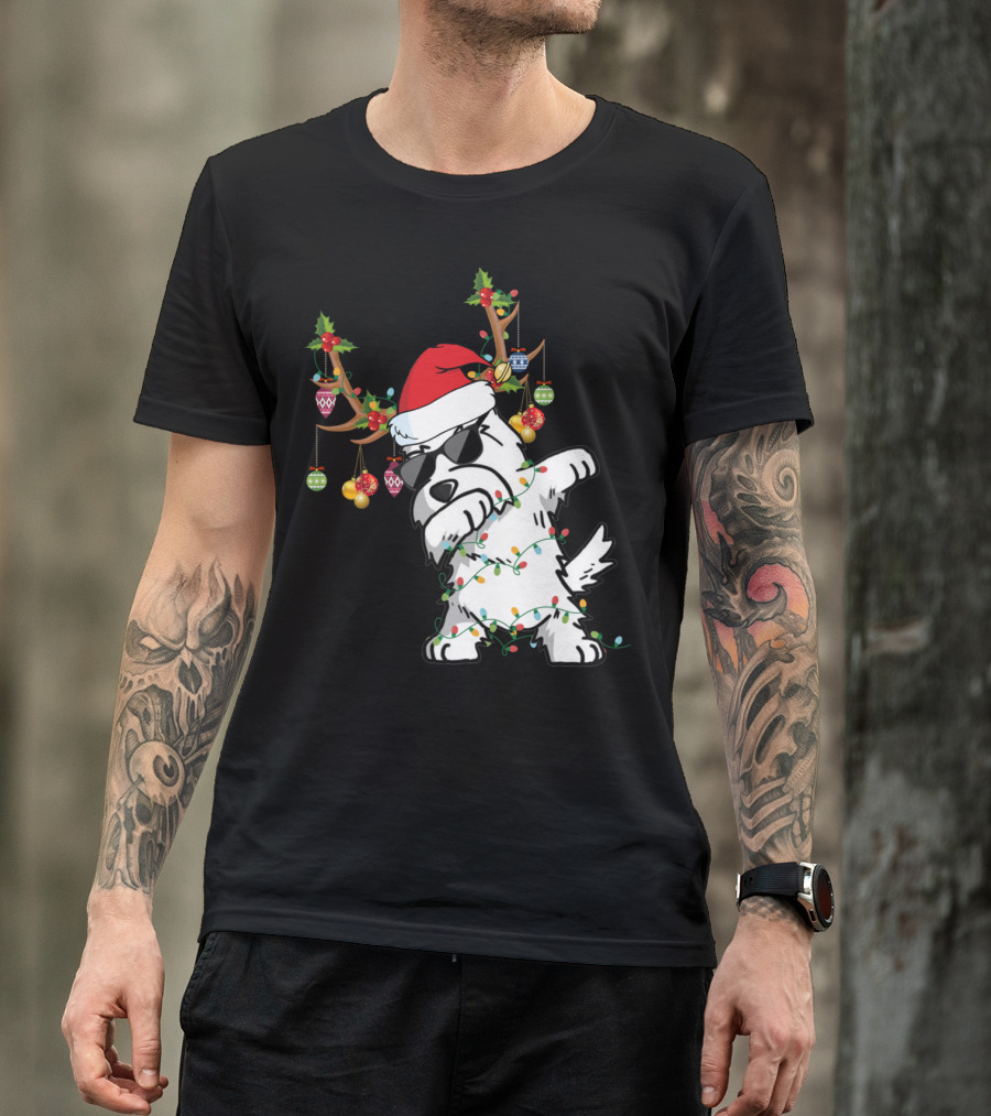 Dabbing Westie Dog Christmas Lights Santa Hat Reindeer Antlers Ornaments T-Shirt