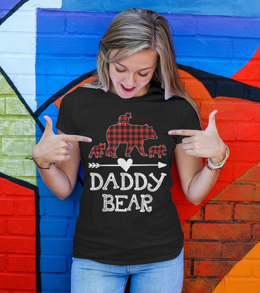 Daddy Bear Red Plaid Three Cubs Arrow Heart T-Shirt