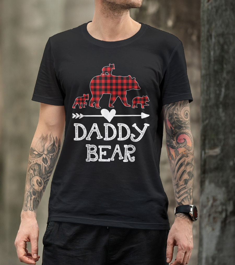 Daddy Bear Red Plaid Three Cubs Arrow Heart T-Shirt