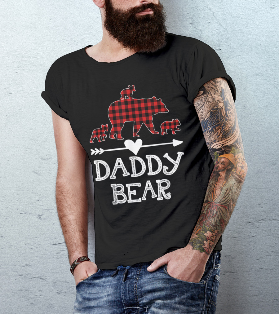 Daddy Bear Red Plaid Three Cubs Arrow Heart T-Shirt