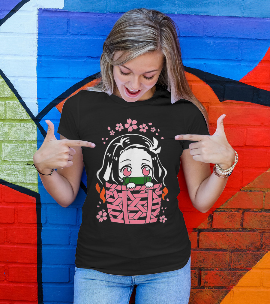 Nezuko Kamado Kawaii Chibi With Bamboo Mouthpiece And Cherry Blossoms Demon Slayer Anime T-Shirt