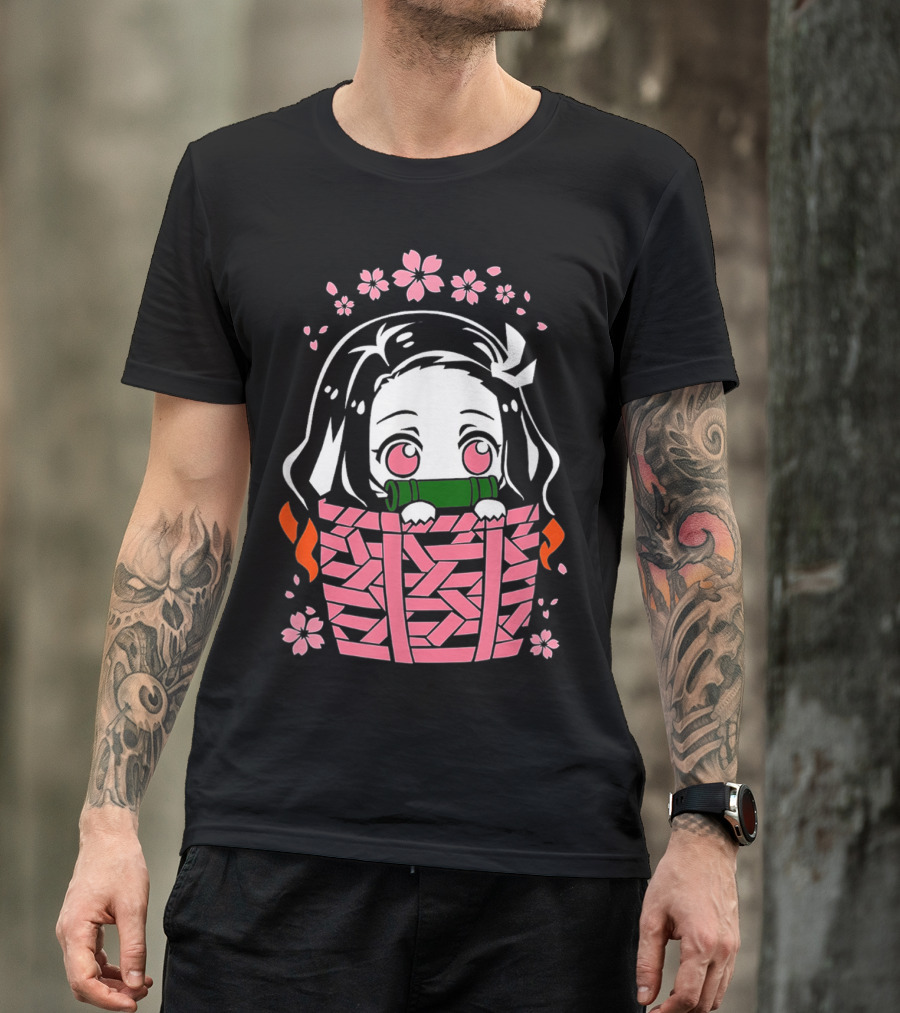 Nezuko Kamado Kawaii Chibi With Bamboo Mouthpiece And Cherry Blossoms Demon Slayer Anime T-Shirt
