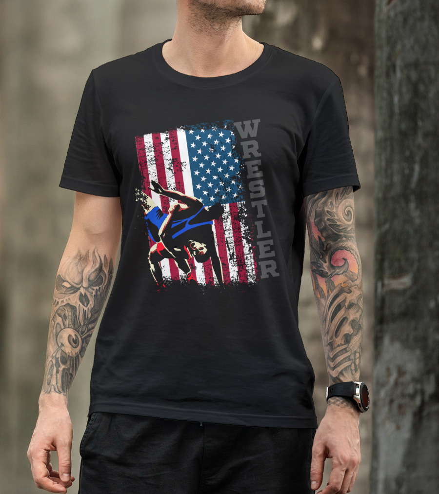 Wrestler Distressed American Flag Wrestling T-Shirt
