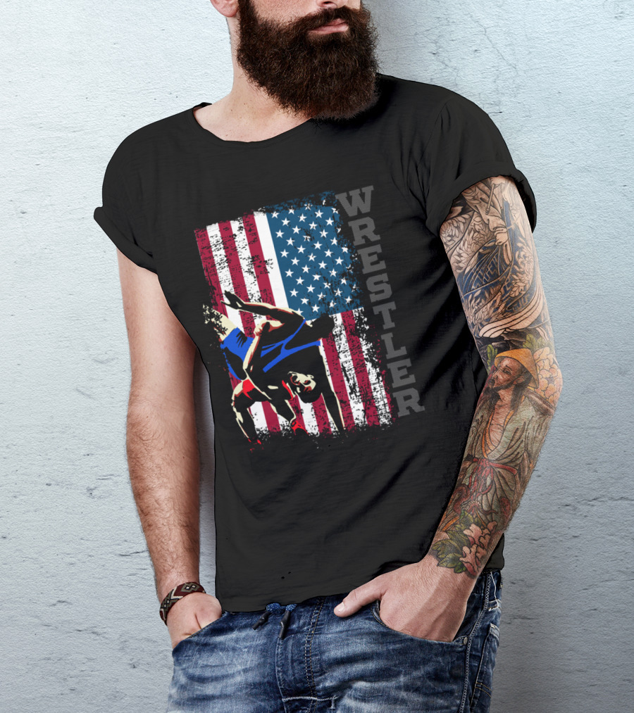 Wrestler Distressed American Flag Wrestling T-Shirt
