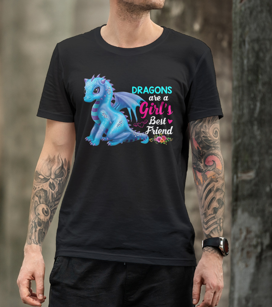 Dragons Are A Girl's Best Friend Cute Blue Dragon With Hearts And Flowers T-Shirt