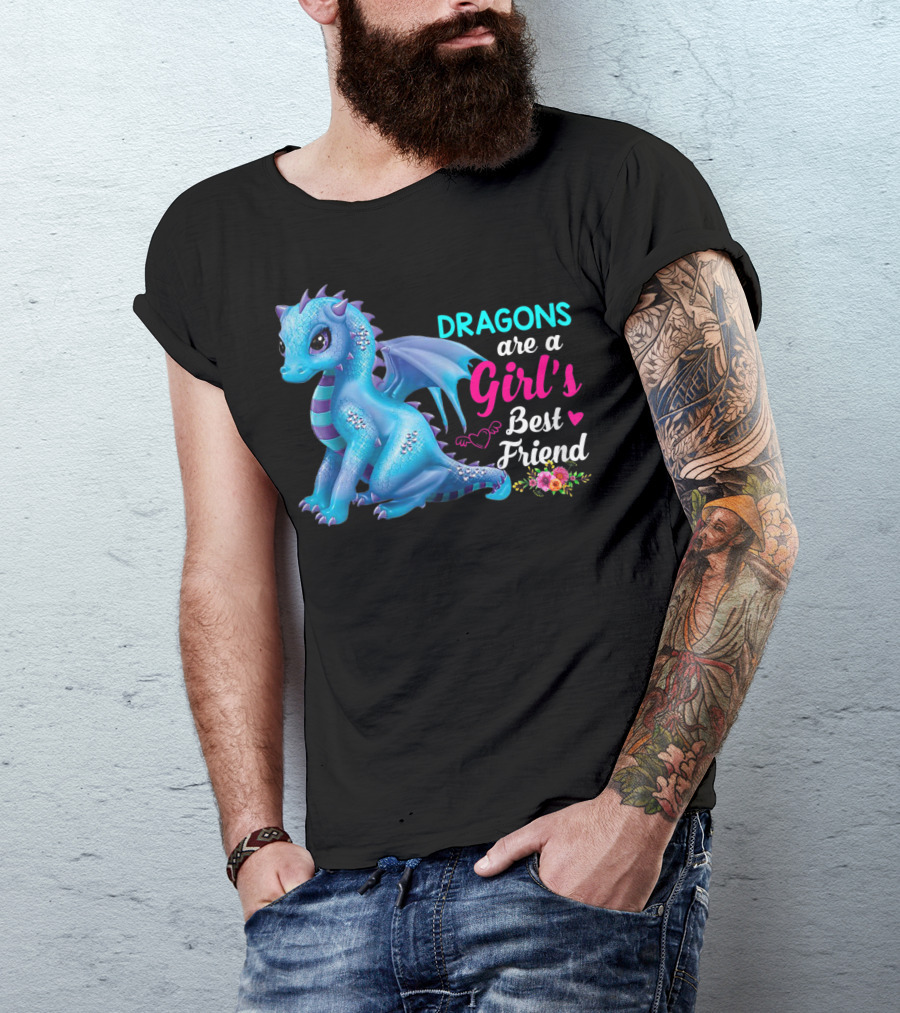Dragons Are A Girl's Best Friend Cute Blue Dragon With Hearts And Flowers T-Shirt