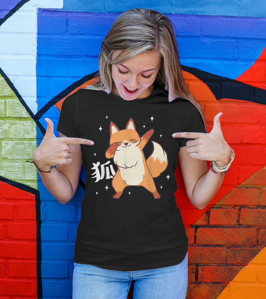 Fox Dabbing Kawaii Kitsune Japanese Kanji Stars T-Shirt