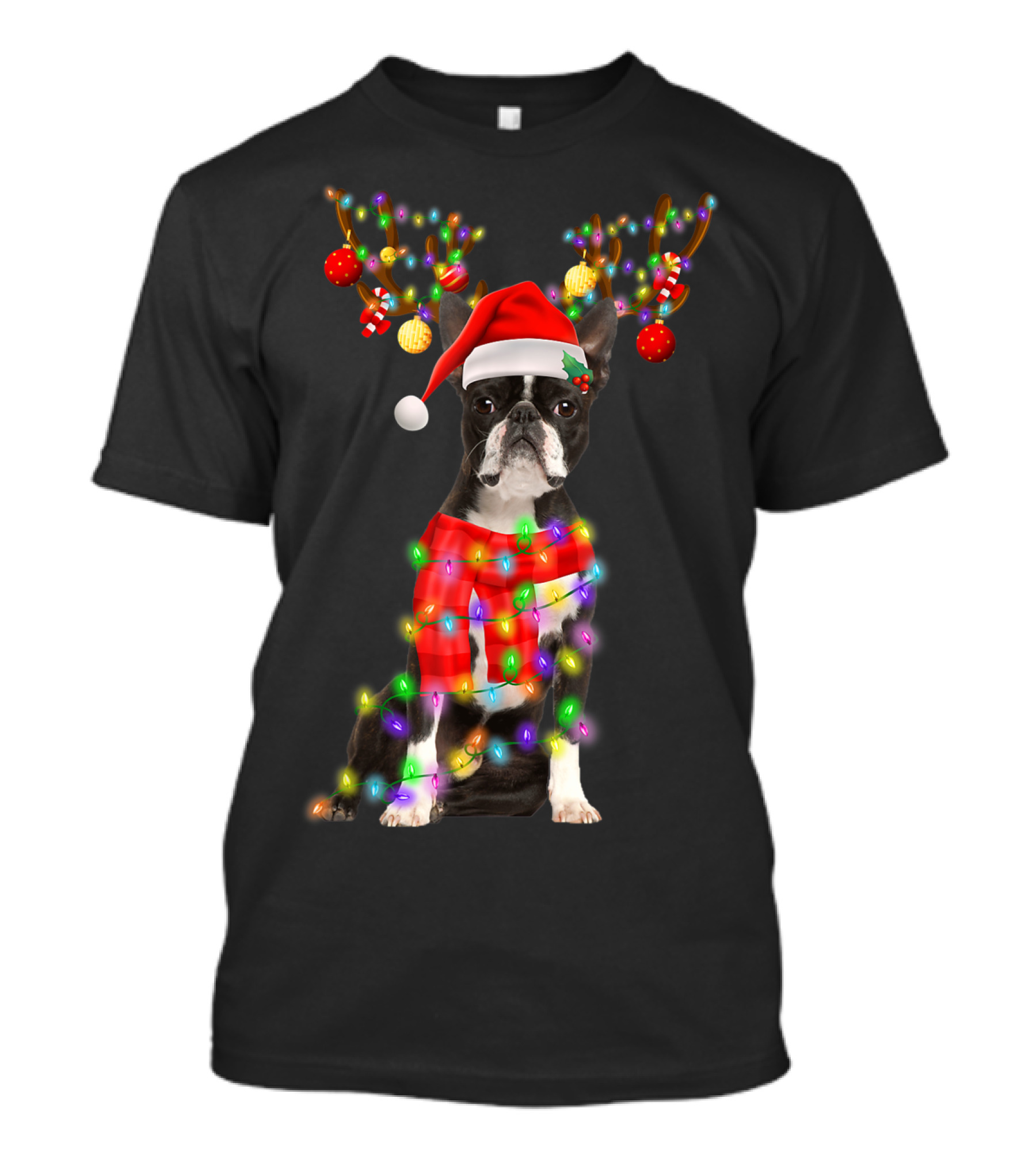 Funny Boston Terrier Christmas Reindeer With Santa Hat And Holiday Lights T-Shirt