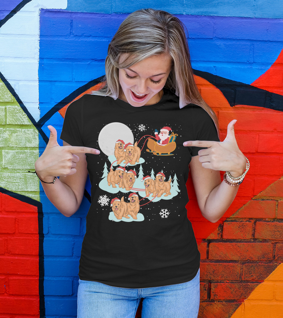 Funny Christmas Golden Retriever Santa Sleigh Holiday Scene T-Shirt