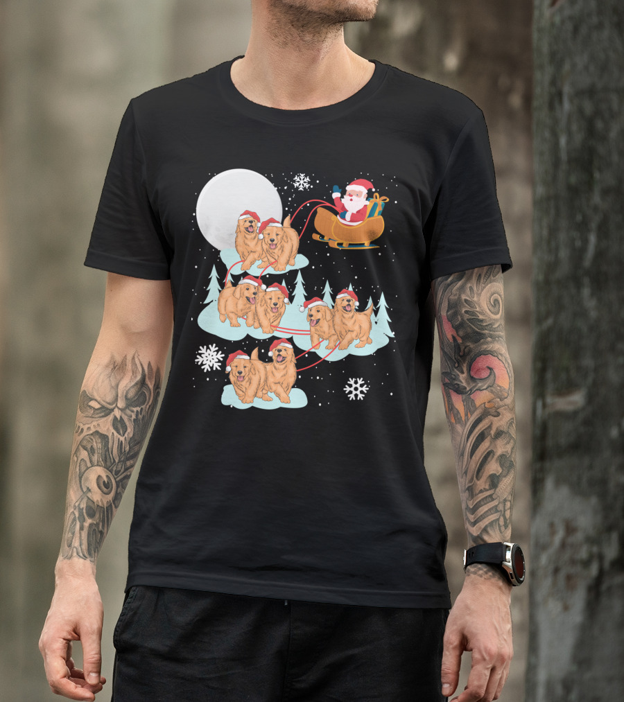 Funny Christmas Golden Retriever Santa Sleigh Holiday Scene T-Shirt