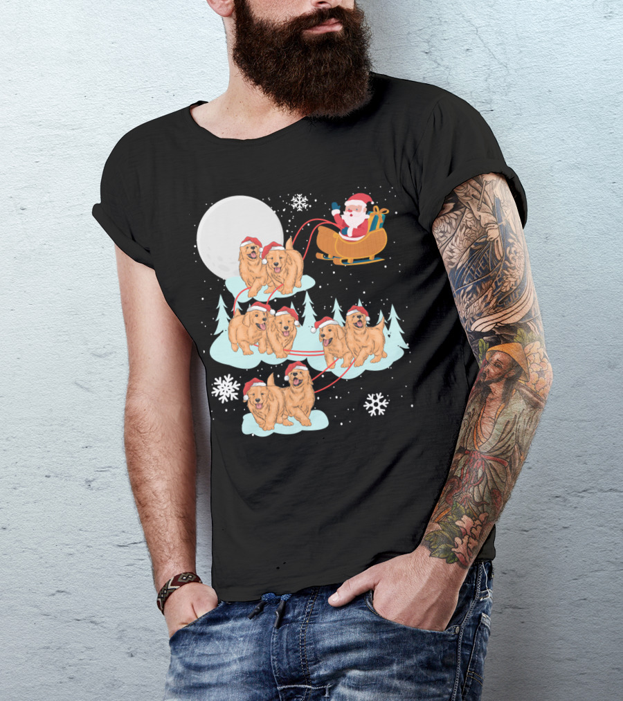 Funny Christmas Golden Retriever Santa Sleigh Holiday Scene T-Shirt