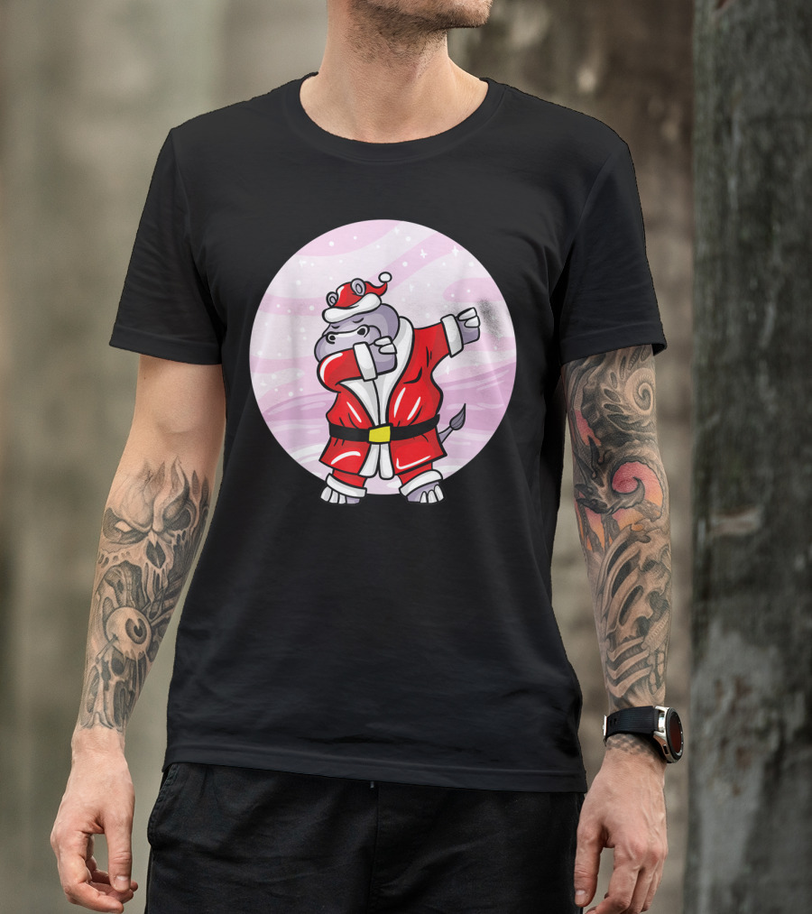 Funny Dabbing Christmas Santa Claus Hippo With Red Santa Suit T-Shirt