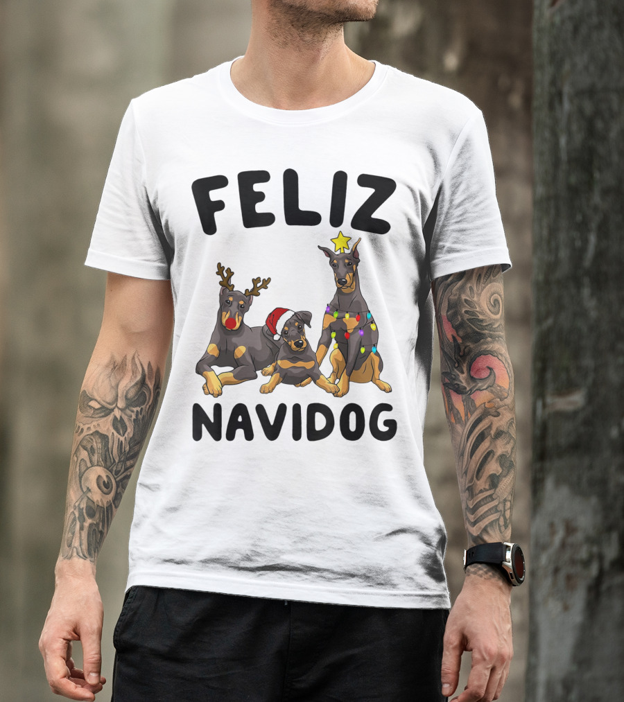 Feliz Navidog Doberman Pinscher With Reindeer Antlers Santa Hat And Christmas Lights T-Shirt