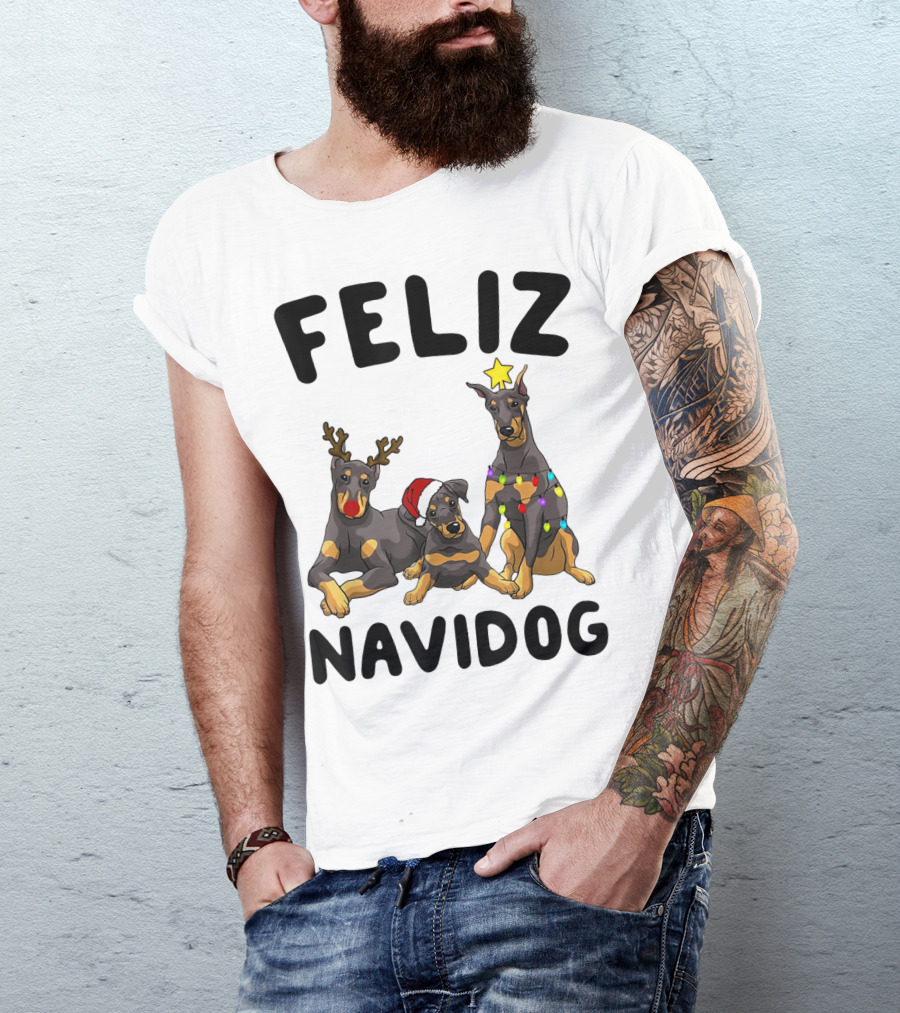 Feliz Navidog Doberman Pinscher With Reindeer Antlers Santa Hat And Christmas Lights T-Shirt