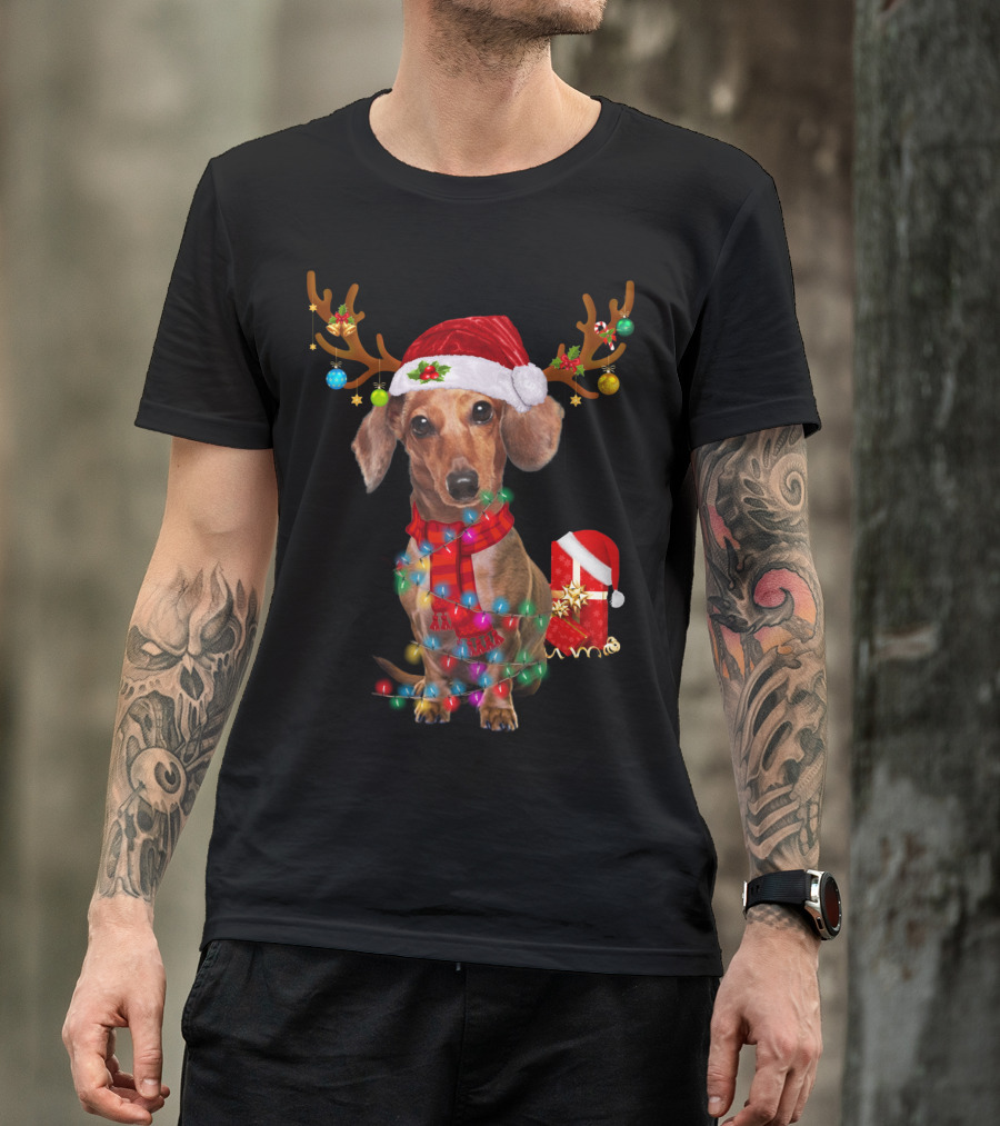 Santa Hat Dachshund With Reindeer Antlers And Christmas Lights T-Shirt