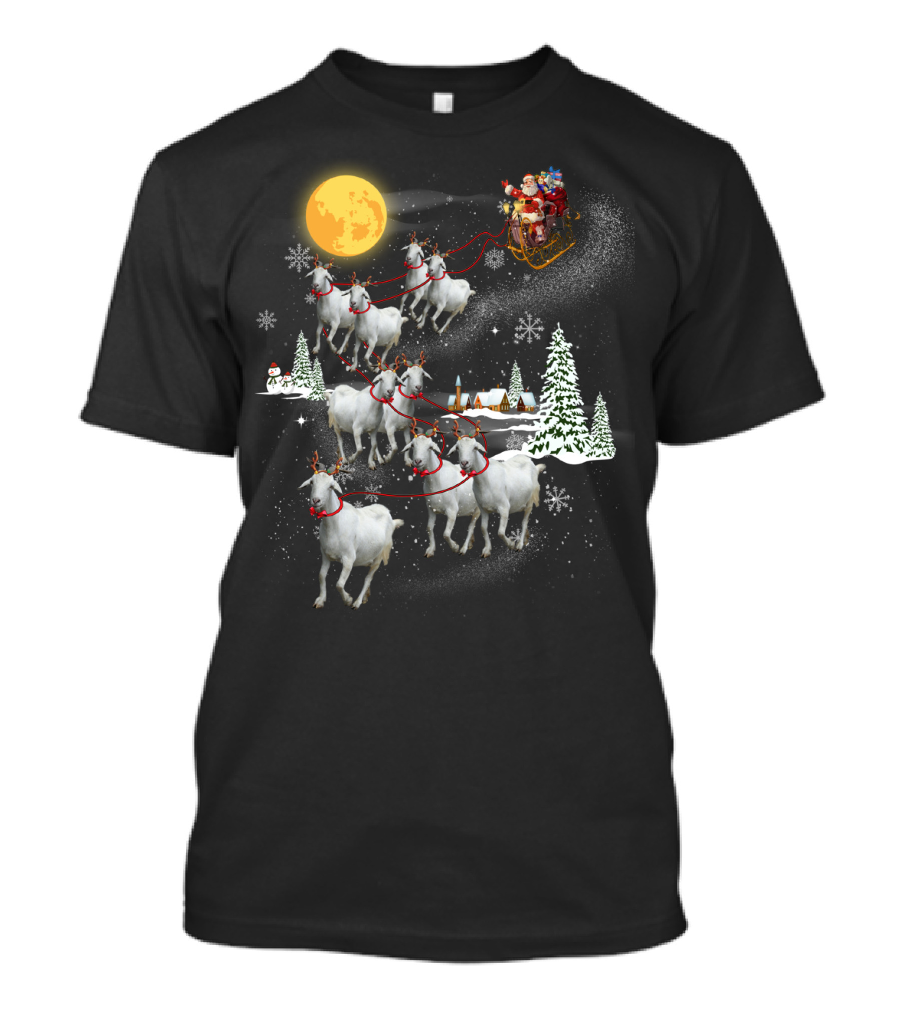 Funny Santa Riding Goat Sleigh Under Full Moon T-Shirt