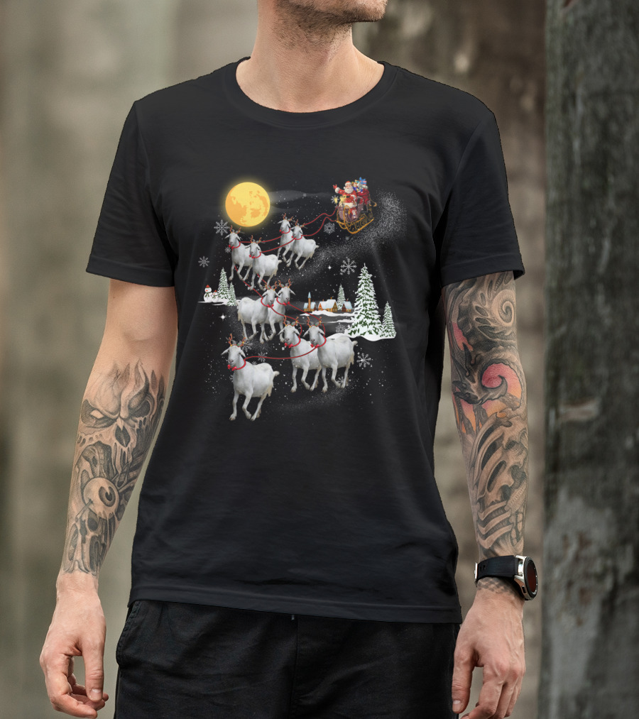 Funny Santa Riding Goat Sleigh Under Full Moon T-Shirt