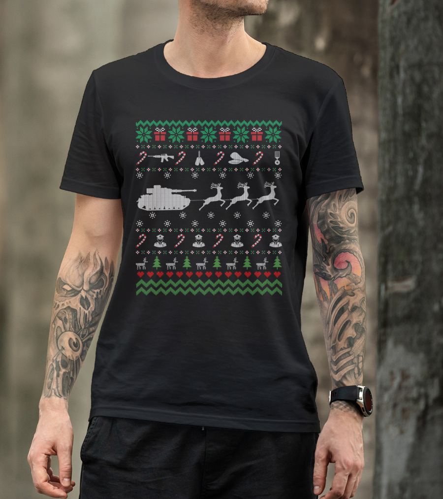 Funny Veteran Ugly Christmas Sweater With Tank Reindeer And Military Decorations T-Shirt