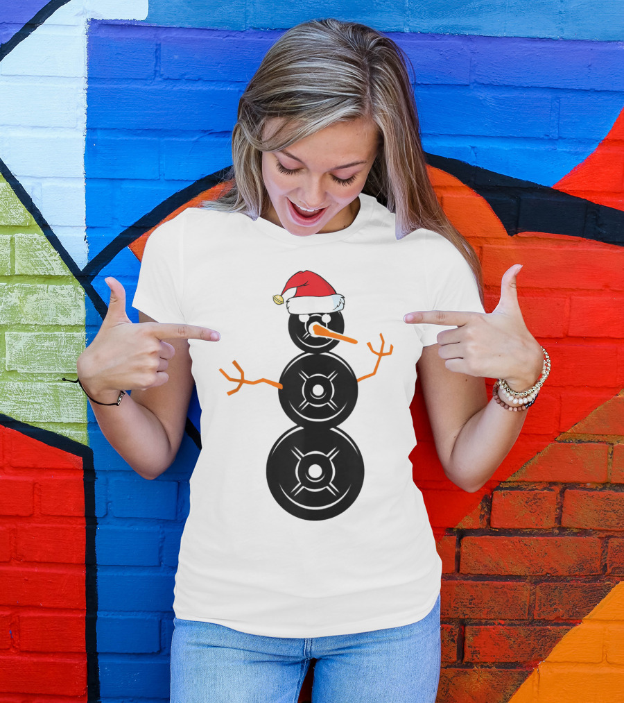 Funny Santa Hat Weightlifting Snowman Barbell T-Shirt