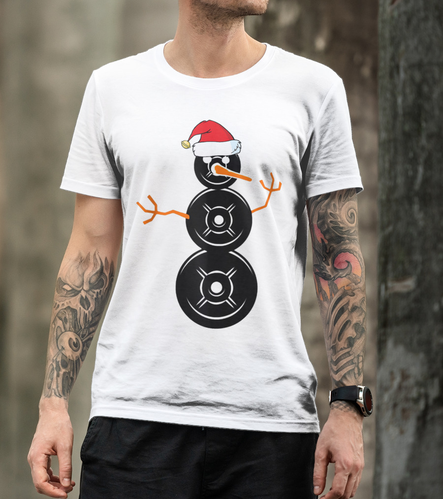 Funny Santa Hat Weightlifting Snowman Barbell T-Shirt