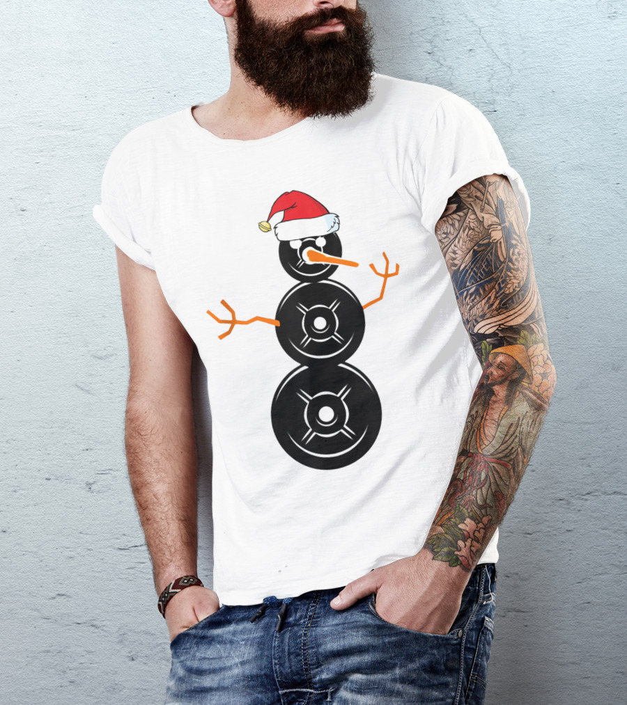 Funny Santa Hat Weightlifting Snowman Barbell T-Shirt