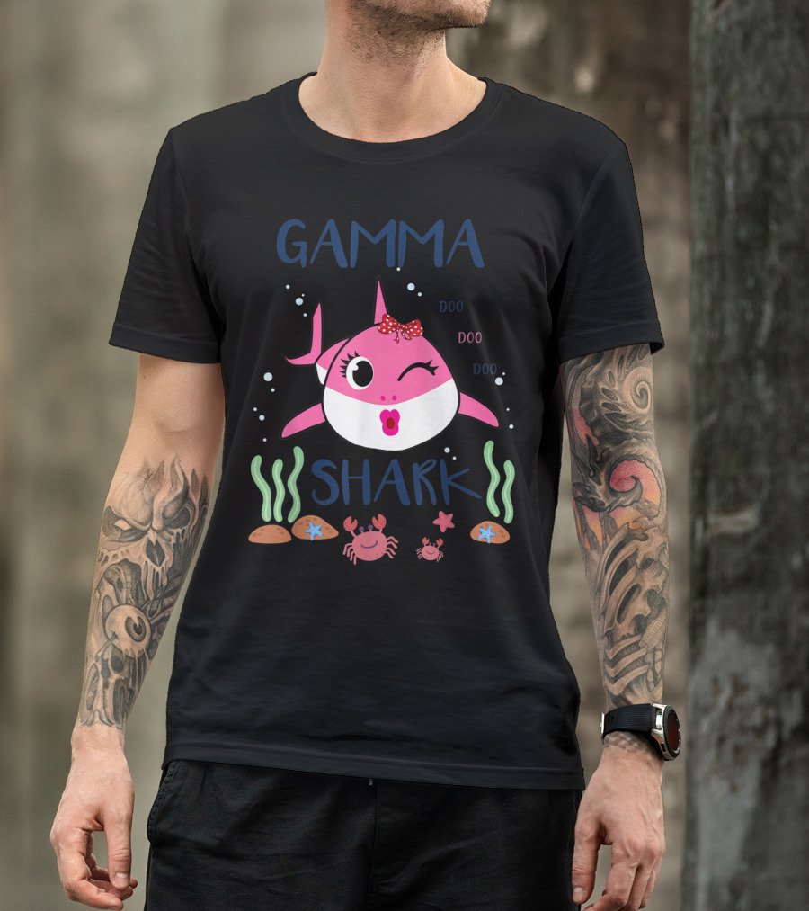 Gamma Shark Doo Doo Doo Winking Pink Shark With Bow And Marine Life T-Shirt