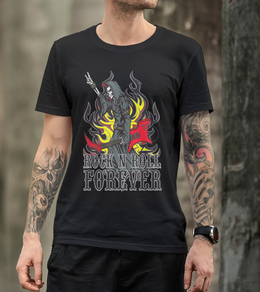 Rock N Roll Forever Grim Reaper Guitar Flames Horns Sign T-Shirt