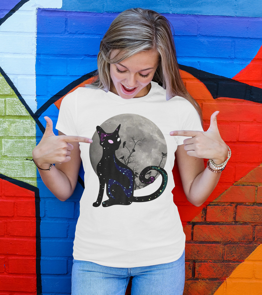 Halloween Scary Black Cat Gothic Full Moon Ravens T-Shirt