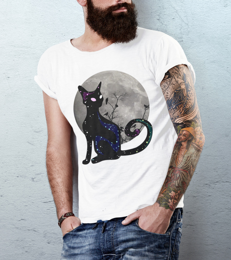 Halloween Scary Black Cat Gothic Full Moon Ravens T-Shirt