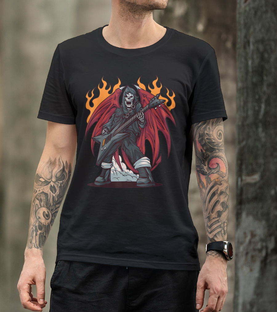 Heavy Metal Guitarist Red Winged Flaming Skull T-Shirt