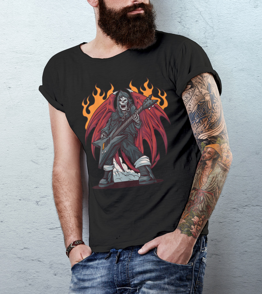 Heavy Metal Guitarist Red Winged Flaming Skull T-Shirt