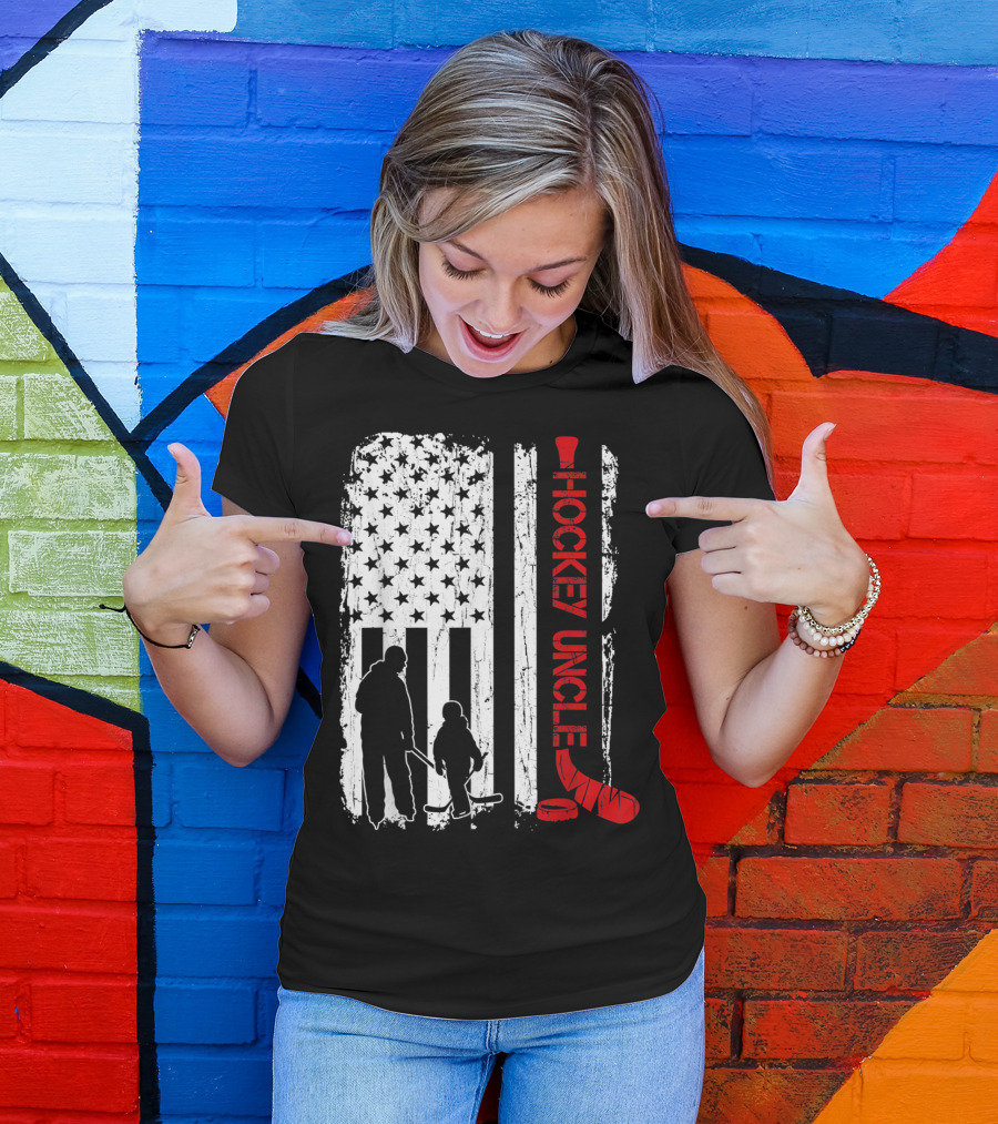 Hockey Uncle American Flag Silhouette With Stick And Player T-Shirt