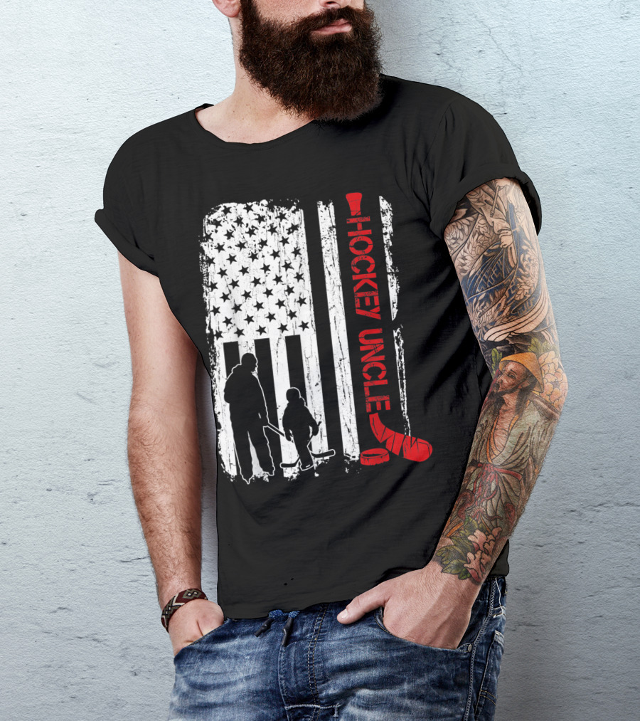 Hockey Uncle American Flag Silhouette With Stick And Player T-Shirt