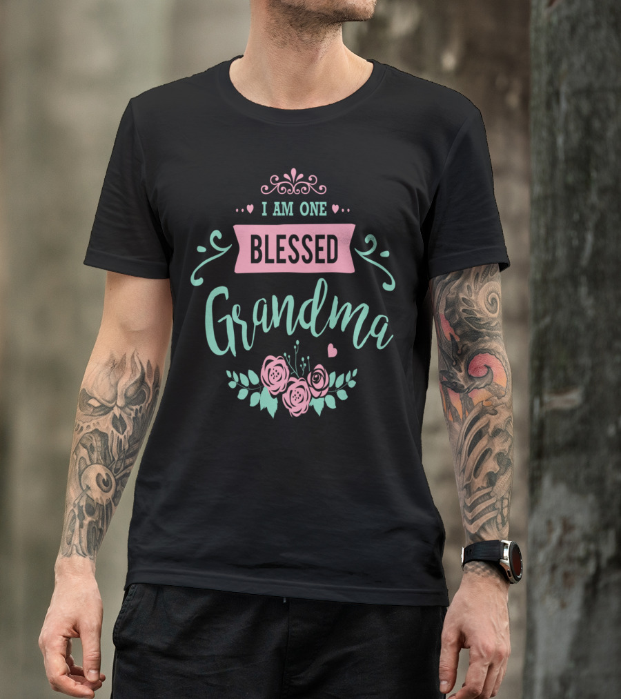 I Am One Blessed Grandma Floral Peach Teal T-Shirt