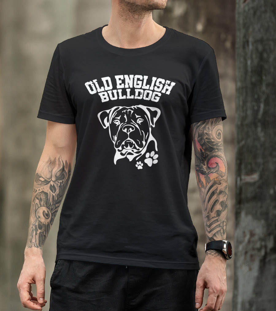 Old English Bulldog Illustration With Text And Paw Prints T-Shirt