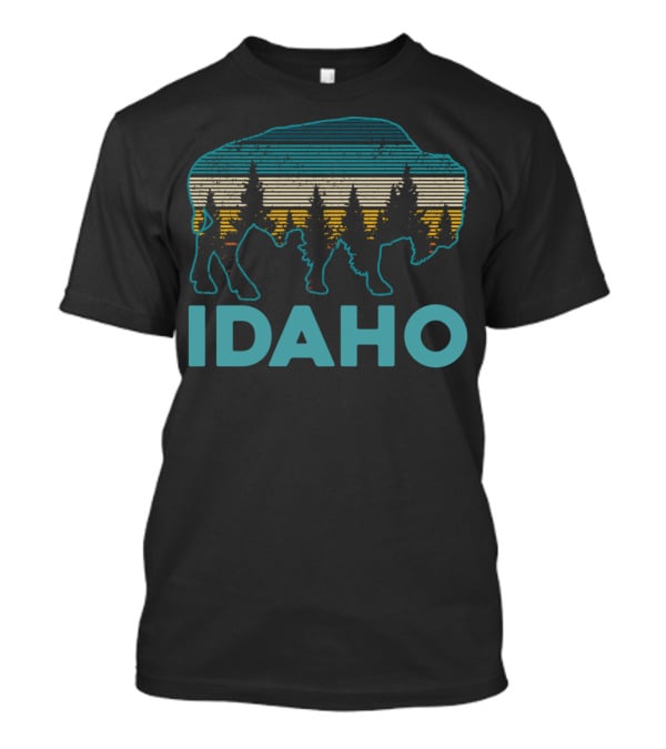 Idaho Bison Vintage American Buffalo Silhouette With Forest And Stripes T-Shirt