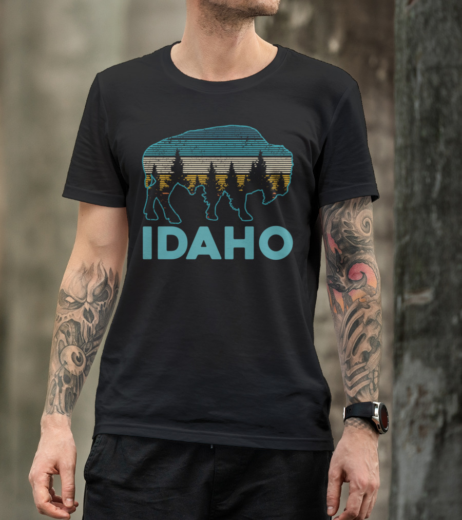 Idaho Bison Vintage American Buffalo Silhouette With Forest And Stripes T-Shirt