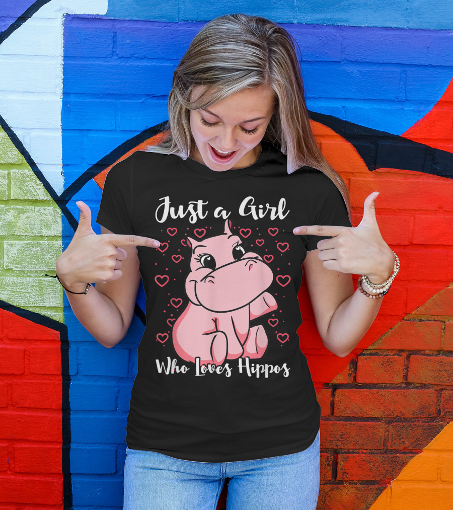Just A Girl Who Loves Hippos Cute Animal Pink Hearts T-Shirt