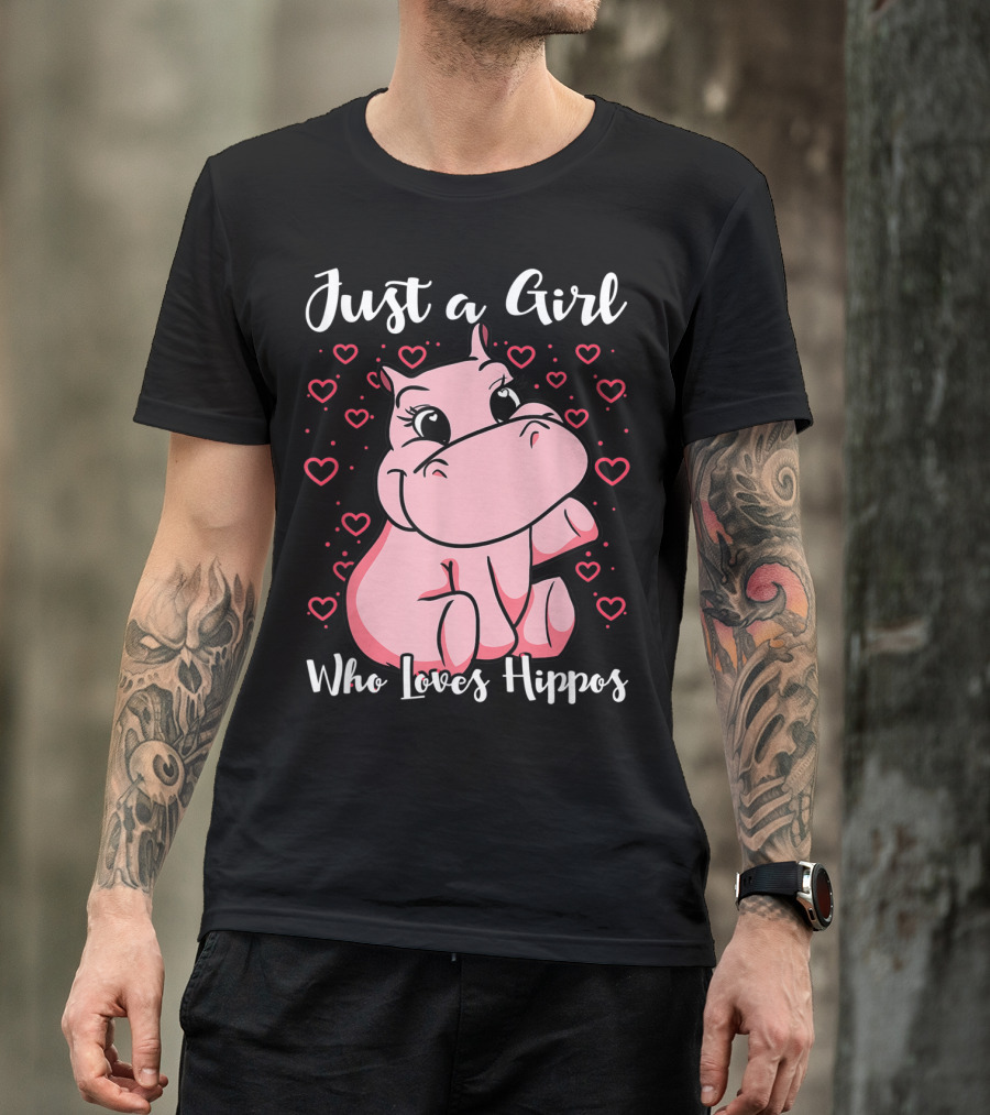 Just A Girl Who Loves Hippos Cute Animal Pink Hearts T-Shirt